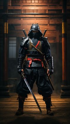 a man dressed in black holding two swords and standing on a wooden floor with an old building behind him