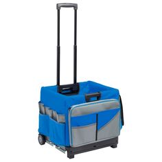 a blue and gray rolling bag with wheels on it's side, in front of a white background