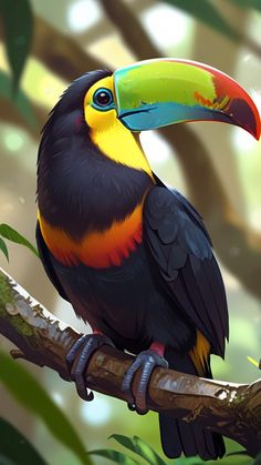 a colorful toucan perched on a tree branch