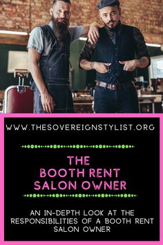 two men standing next to each other in front of a pink sign that says the booth rental salon owner