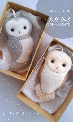 two stuffed owls are in a box with the words create your own felt owl ornaments