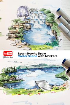 two watercolors are shown with markers on the same page, and one is showing how to draw waterfalls