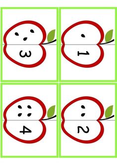 four apples with faces and numbers on them