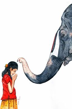 a drawing of a girl standing next to an elephant with her trunk in the air