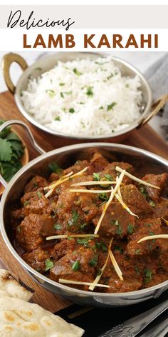 lamb karahi with white rice and cilantro on the side