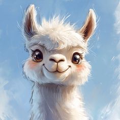 a painting of an alpaca with big eyes and fluffy fur on it's head