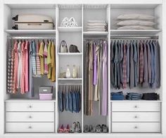 an open closet with clothes and shoes on the bottom shelf, next to white drawers