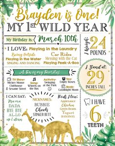 a birthday poster with the names and numbers for each child's first birthday, including two giraffes