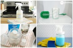 four different pictures with various cleaning products on the top one is blue, green and white