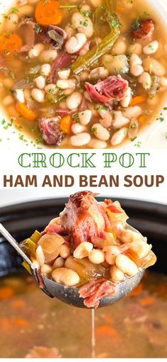 ham and bean soup in a crock pot with a ladle full of the soup