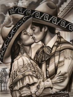 a drawing of a man and woman in cowboy hats kissing each other with the caption's name on it