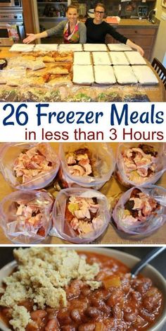 two pictures with the words, 26 freeze meals in less than 3 hours on them