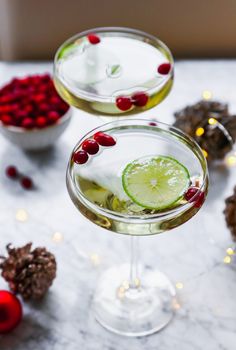 two martinis with lime, cranberries and pine cones