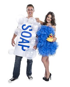 a man and woman dressed up in costumes for halloween, with the caption save the date