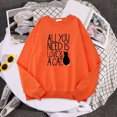 Casual Fall Sweatshirt With Cat Print, Relaxed Fit Long Sleeve Sweatshirt With Cat Print, Trendy Long Sleeve Sweatshirt With Cat Design, Casual Cat Print Sweatshirt In Relaxed Fit, Trendy Fall Sweatshirt With Cat Design, Casual Sweatshirt With Cat Print In Relaxed Fit, Casual Relaxed Fit Sweatshirt With Cat Print, Trendy Crew Neck Sweatshirt With Cat Design, Casual Relaxed Fit Sweatshirt With Cat Design