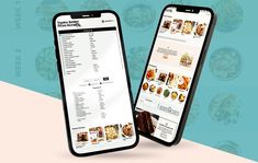 two iphones with the menu on them next to each other, one is displaying different food items