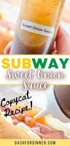 a person holding a sandwich in their hand with the words subway sweet onion sauce on it