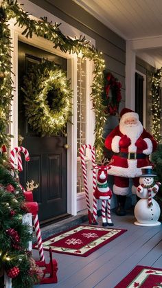 a christmas porch decorated with candy canes and santa's helper in front of the door