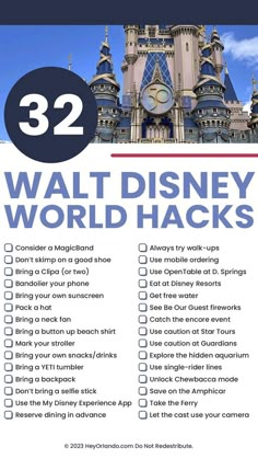 the disneyland world hacks list is shown in front of a castle with blue sky and clouds