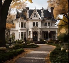 a large white house surrounded by trees and pumpkins