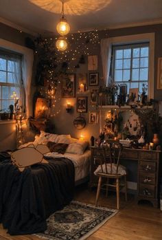 a bedroom with lights strung from the ceiling