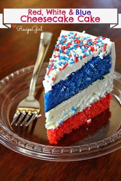 a close up of a slice of cake with red, white and blue frosting