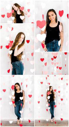 a collage of photos with hearts hanging from the ceiling and in front of them