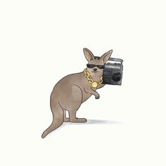 a kangaroo with sunglasses and a camera in it's mouth is standing on its hind legs