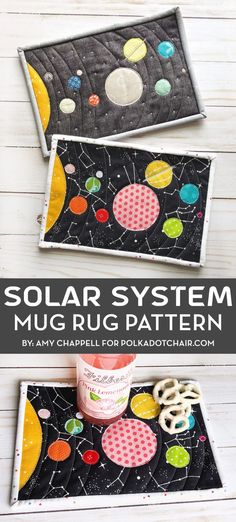 the solar system mug rug pattern is on display in two separate trays, with text overlay reading'solar system mug rug pattern '