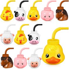 several different types of plastic animals with straws in their beaks and nose shapes