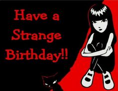 a black and red birthday card with a girl holding a cat