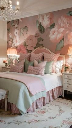 a bedroom decorated in pink and green with flowers on the wall