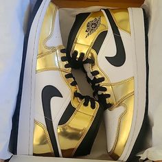 Brand New.. Blk, White, And Gold Sporty Gold High-top Jordan Shoes, Gold High-top Custom Sneakers With Boost Midsole, Jordan 13 Cherry, Jordan 1 Low Grey, Jordan 1 Colors, Jordan Gold, Jordan 6 Rings, Jordan Retro 12, Jordan Spizike