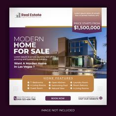 a real estate flyer is shown in purple and gold colors with the words modern home for sale