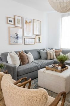 a living room filled with lots of furniture and pictures on the wall above it's couch