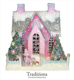 a christmas scene with a pink house and trees