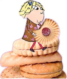 there is a cartoon girl walking on top of crackers with a cookie in her hand