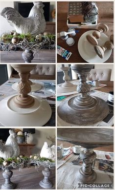 the process of making a chicken sculpture is shown in four different pictures, including an egg shell and eggshells