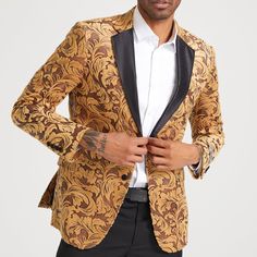 Elevate Your Style To Unprecedented Levels Of Sophistication With The Stacy Adams Paisley Jacket - A True Embodiment Of Timeless Charm And Modern Elegance. This Jacket Seamlessly Combines Classic Design With Contemporary Flair, Delivering A Unique And Impeccable Statement Of Style. With Its Intricate Paisley Pattern, One-Button Front Closure, Hybrid Fit, Satin Notch Lapel, And Side Vents, It's The Perfect Choice For Any Special Occasion, Allowing You To Effortlessly Transition From Day To Night. Long Sleeve Yellow Blazer For Party, Yellow Long Sleeve Blazer For Party, Fitted Gold Long Sleeve Outerwear, Yellow Fitted Elegant Blazer, Fitted Elegant Yellow Blazer, Fitted Yellow Outerwear With Lapel Collar, Gold Fitted Blazer With Lapel Collar, Yellow Fitted Blazer For Formal Occasions, Yellow Fitted Formal Blazer