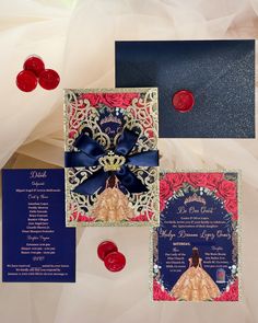 the wedding stationery is decorated with red, white and blue paper flowers as well as brooches