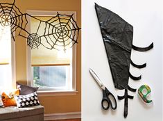 two pictures side by side one has scissors and the other has spider webs on it