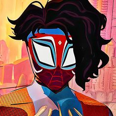 a painting of a man with long hair wearing a red and blue mask, standing in front of a cityscape