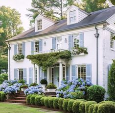 a large white house with blue shutters on the windows and bushes in front of it