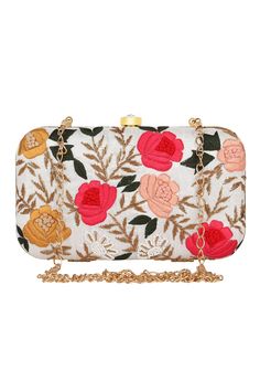 This white hand-crafted faux silk box clutch with multicolor floral embroidered work has one main compartment with clasp closure and a detachable metal chain. Can also be used as a sling bag. Product Features: Color: White and Multi-color Fabric: Faux Silk Length: 8 Inches Size(L x B x H) : 20 x 3.5 x 12 cm Product Type: Clutch Occasion: Smart Casual Fabric Care: Wipe with a clean, dry cloth to remove dust Product Weight: 345 Grams Disclaimer: Color and Texture may have slight variation due to p Modern Clutch, Boho Clutch, Silk Clutch, Embroidered Clutch, Party Clutch, Wedding Clutch, Box Clutch, White Hand, Color Fabric