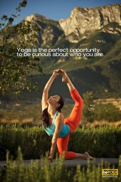 a woman doing yoga in front of mountains with a quote on the side that reads, yoga is the perfect opportunity for peace and relaxation