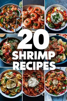 20 shrimp recipes displayed with pictures of various shrimp dishes. Shrimp Meal Ideas, Shrimp Recipe Ideas, Shrimp Dinner Ideas, Healthy Shrimp Recipes, Precooked Shrimp Recipes, Shrimp Dinners, Shrimp Pasta Dishes, Shrimp Pesto Pasta, Seafood Sushi