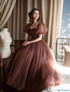 Orcajump - Vintage Princess Bubble Sleeve Evening Gown for Artistic Occasions Tea Length Tulle, A Line Evening Dress, Gaun Fashion, Vintage Princess, Evening Dress Fashion, Bubble Sleeve, Short Prom Dress, A Line Prom Dresses, Waist Circumference