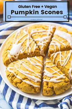 gluten free and vegan pumpkin scones on a plate with white icing