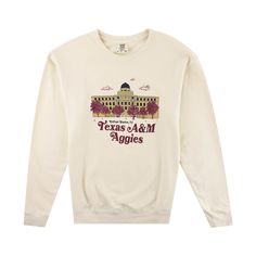 Ivory sweatshirt with a graphic of the Academic Building. Texas A&M Aggies in maroon Aggie Pride, Texas A&m, Stay Cozy, Ivory Color, Comfort Colors, Texas, University, Top Outfits, Size Medium