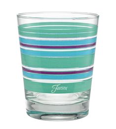 a glass with blue, green and purple stripes on the bottom is sitting in front of a white background